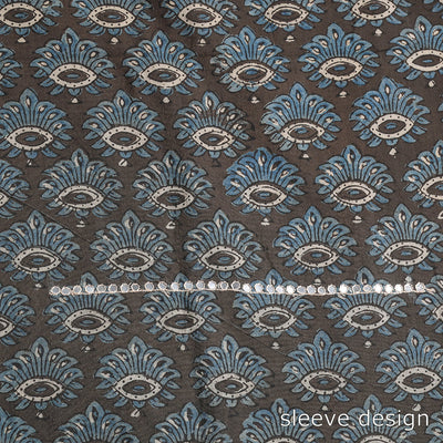 Brown - Bead Work Embroidery Ajrakh Block Printed Cotton Kurta Material - 2.5 meter