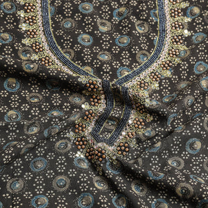 Brown - Bead Work Embroidery Ajrakh Block Printed Cotton Kurta Material - 2.5 meter