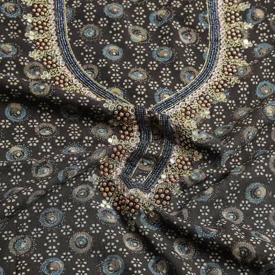 Brown - Bead Work Embroidery Ajrakh Block Printed Cotton Kurta Material - 2.5 meter