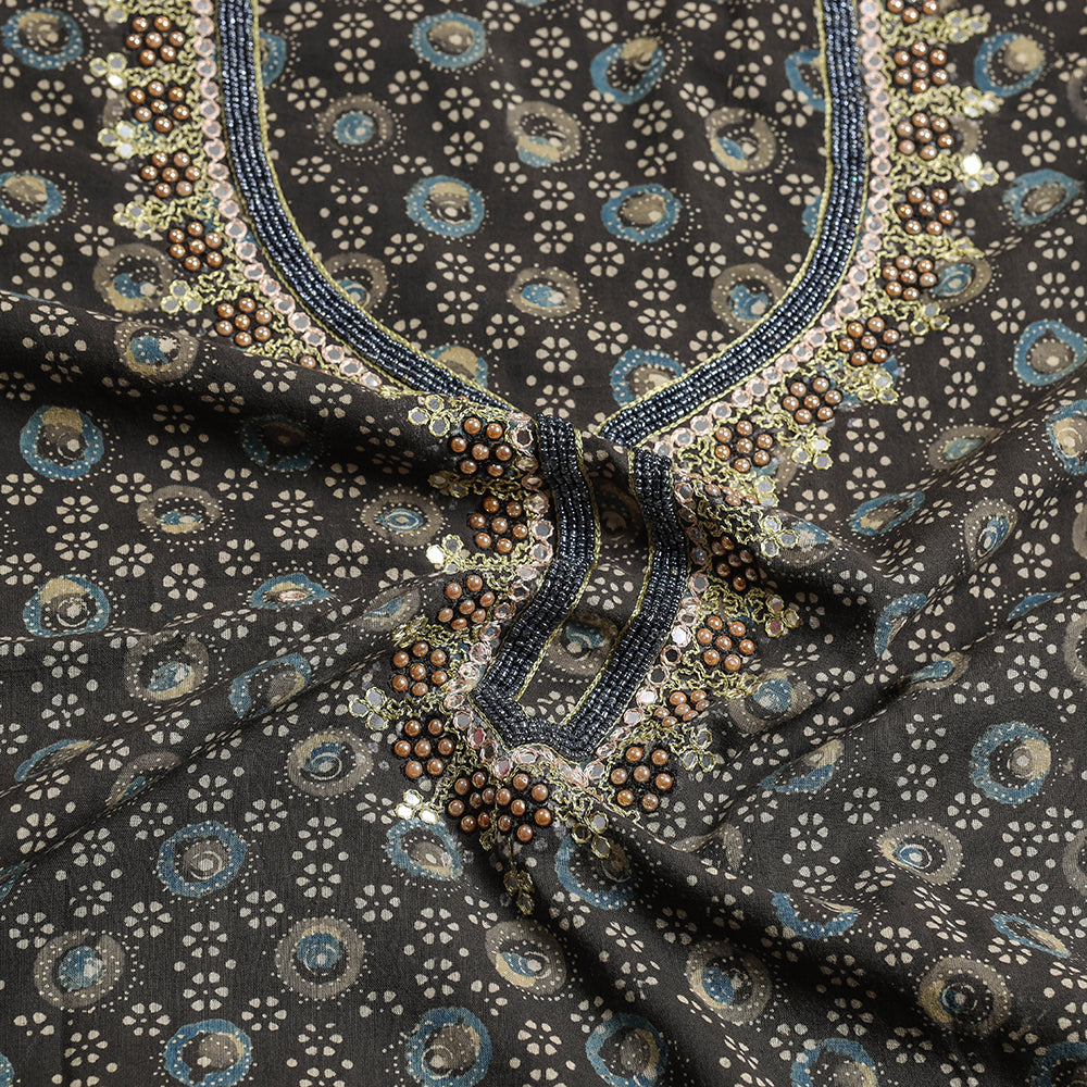 Brown - Bead Work Embroidery Ajrakh Block Printed Cotton Kurta Material - 2.5 meter