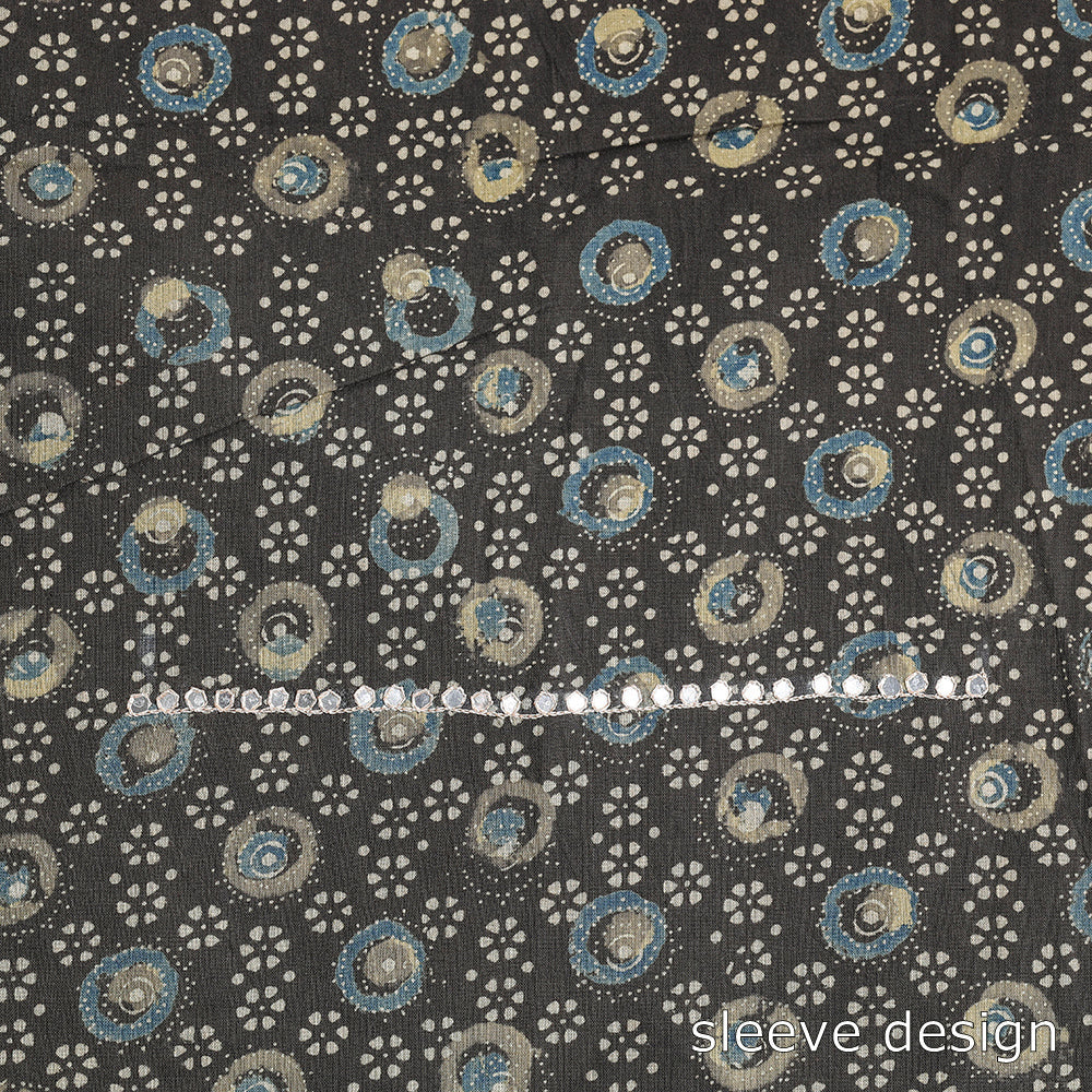 Brown - Bead Work Embroidery Ajrakh Block Printed Cotton Kurta Material - 2.5 meter