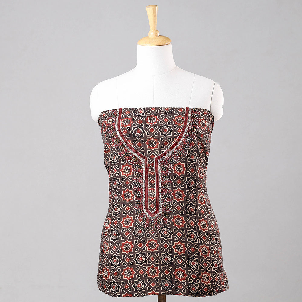 Brown - Bead Work Embroidery Ajrakh Block Printed Cotton Kurta Material - 2.5 meter