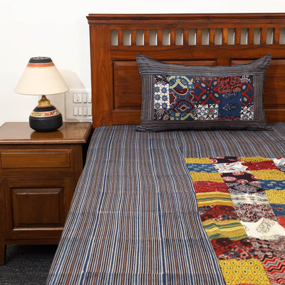 Black - Patchwork Block Print Ajrakh Cotton Double Bed Sheet Set 10
