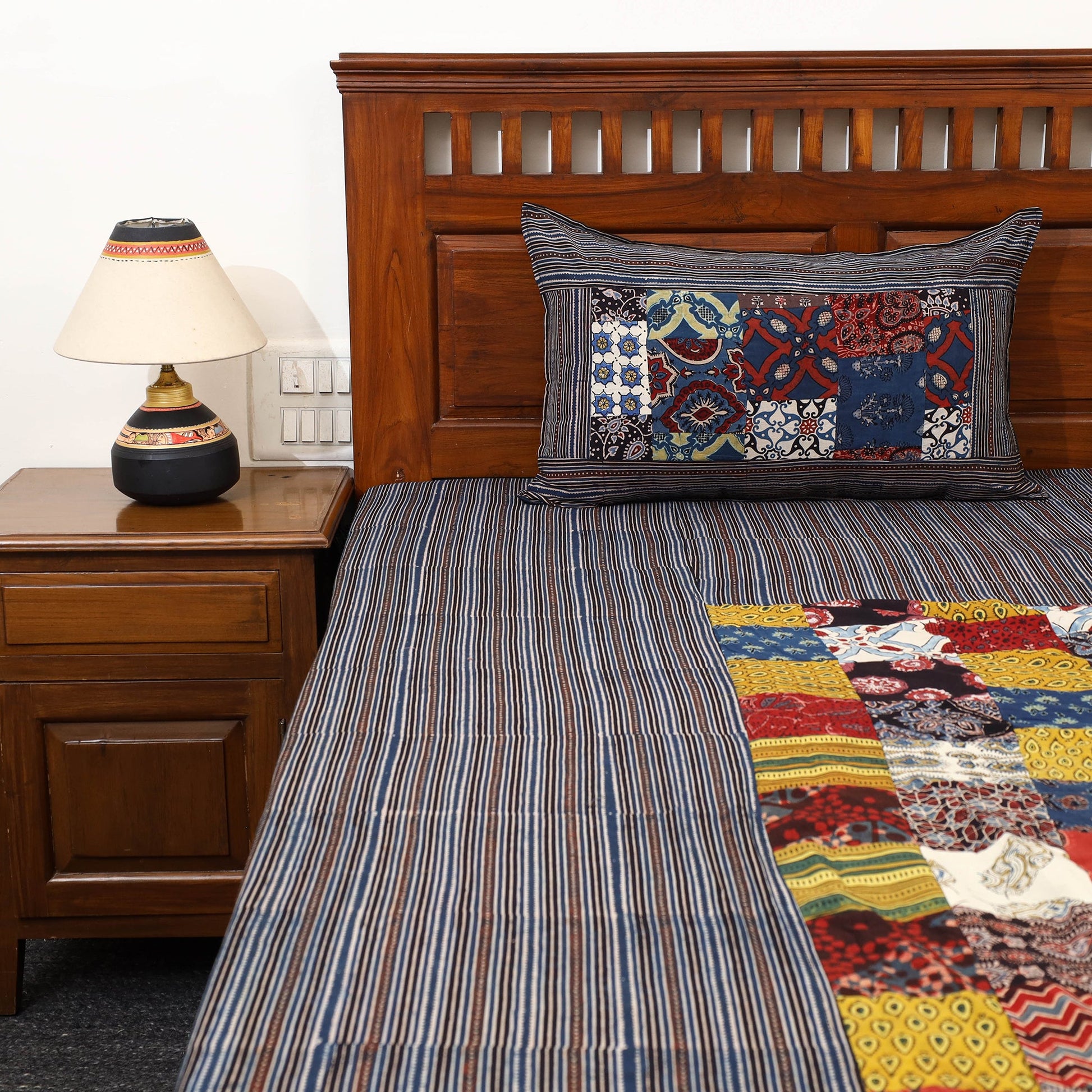 Black - Patchwork Block Print Ajrakh Cotton Double Bed Sheet Set 10