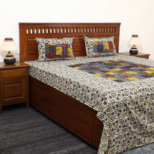 Beige - Patchwork Ajrakh Cotton Double Bed Sheet Set 12