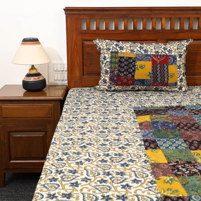 Beige - Patchwork Ajrakh Cotton Double Bed Sheet Set 12