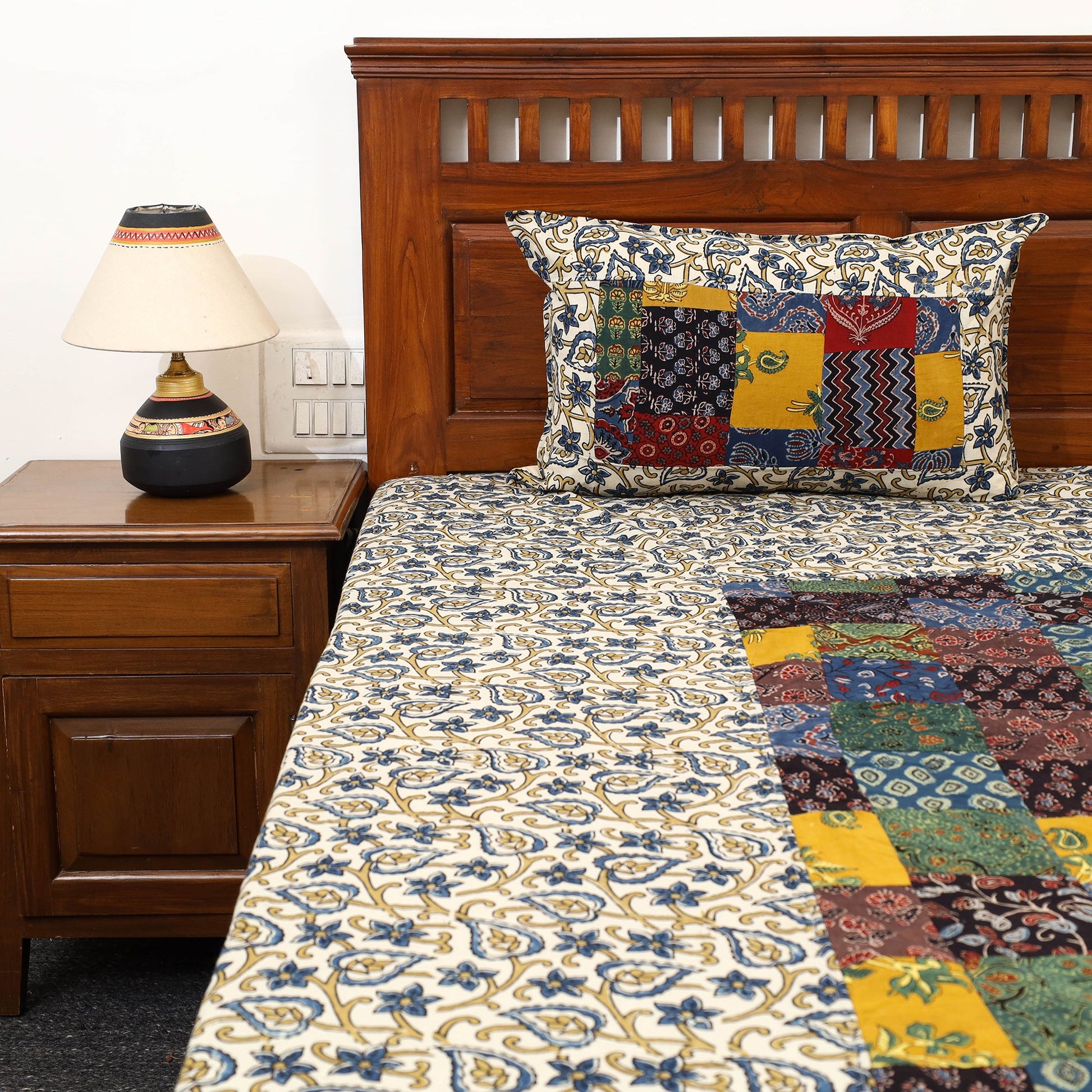Beige - Patchwork Ajrakh Cotton Double Bed Sheet Set 12