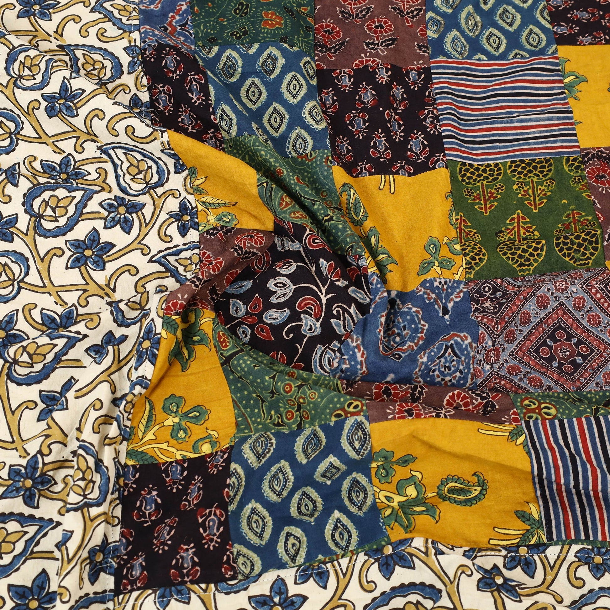 Beige - Patchwork Ajrakh Cotton Double Bed Sheet Set 12