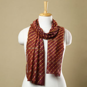 Brown - Leheriya Tie-Dye Mothra Chanderi Silk Handloom Stole with Zari Border 32