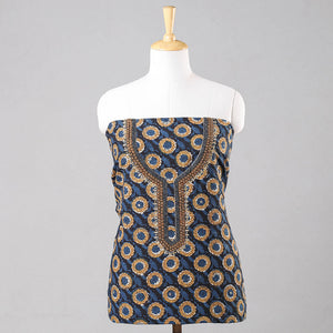 Blue -  Embroidery Bagru Block Printing Cotton Kurta Material - 2.5 meter