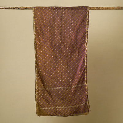 Brown - Leheriya Tie-Dye Mothra Chanderi Silk Handloom Stole with Zari Border 16