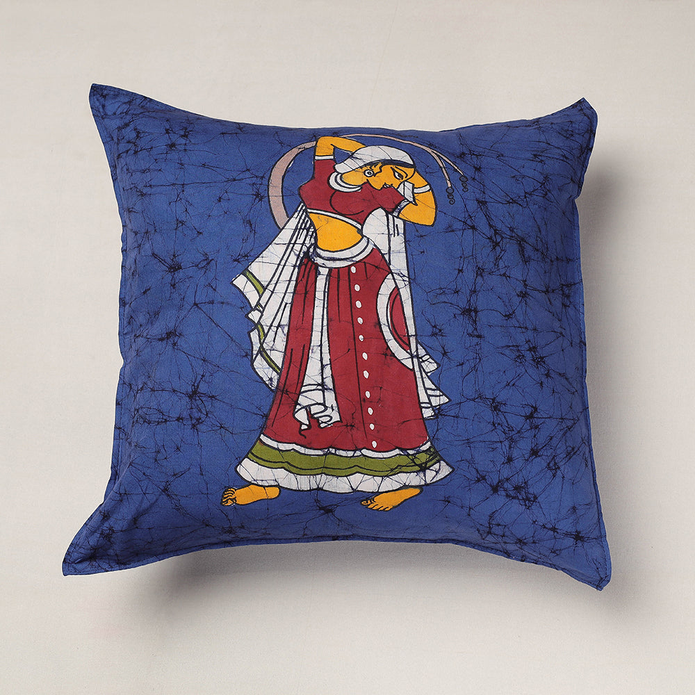 Blue - Hand Batik Printed Pure Cotton Cushion Cover (18 x 18 in)