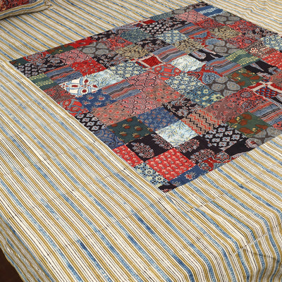 Beige - Patchwork Ajrakh Cotton Double Bed Sheet Set 15