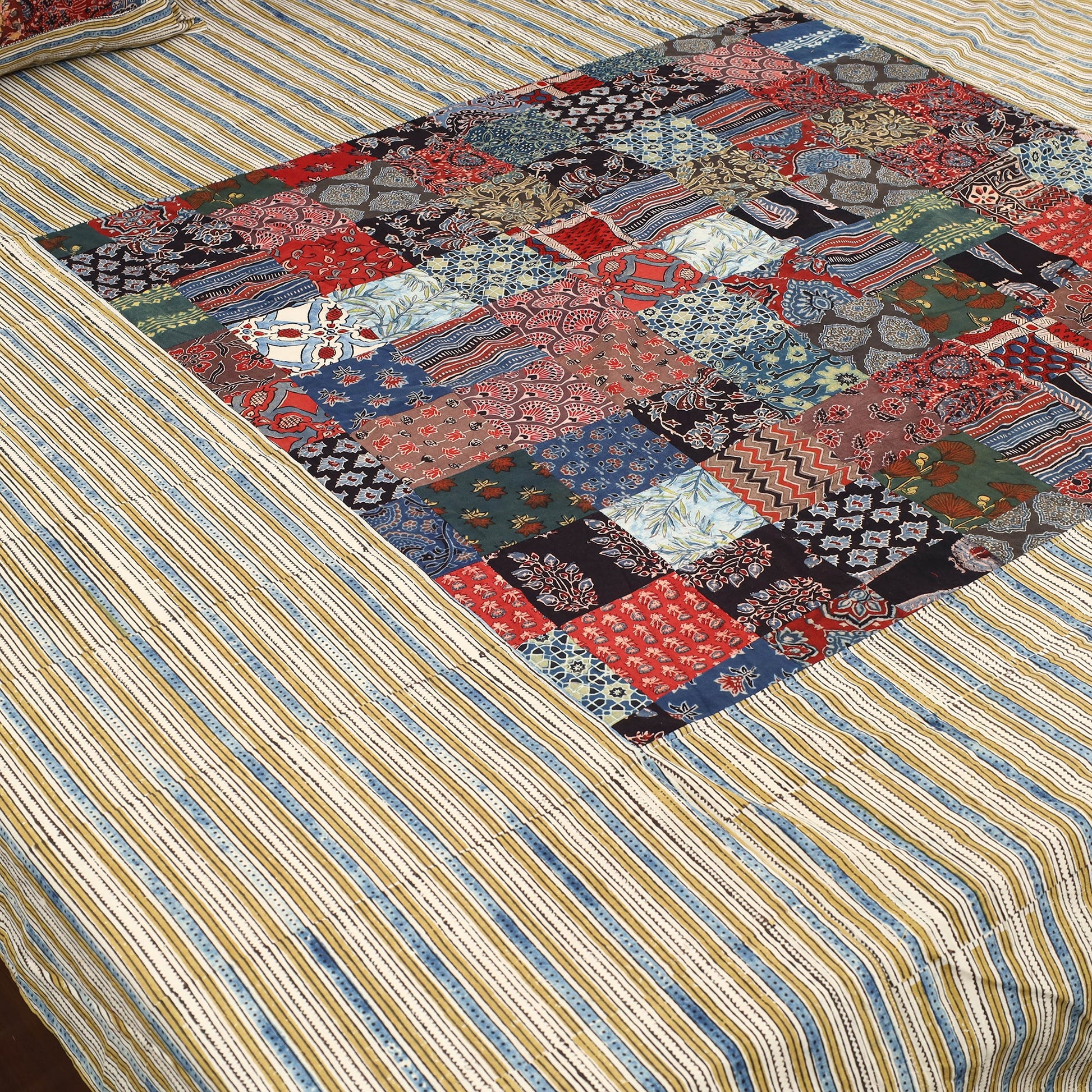 Beige - Patchwork Ajrakh Cotton Double Bed Sheet Set 15