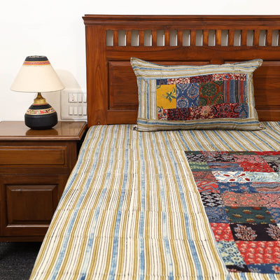 Beige - Patchwork Ajrakh Cotton Double Bed Sheet Set 15