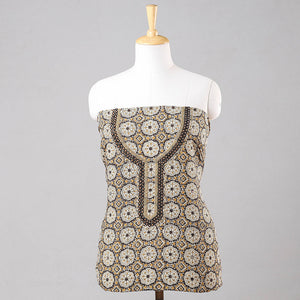 Brown - Bead Work Embroidery Ajrakh Block Printed Cotton Kurta Material - 2.5 meter
