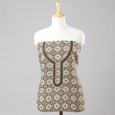 Brown - Bead Work Embroidery Ajrakh Block Printed Cotton Kurta Material - 2.5 meter