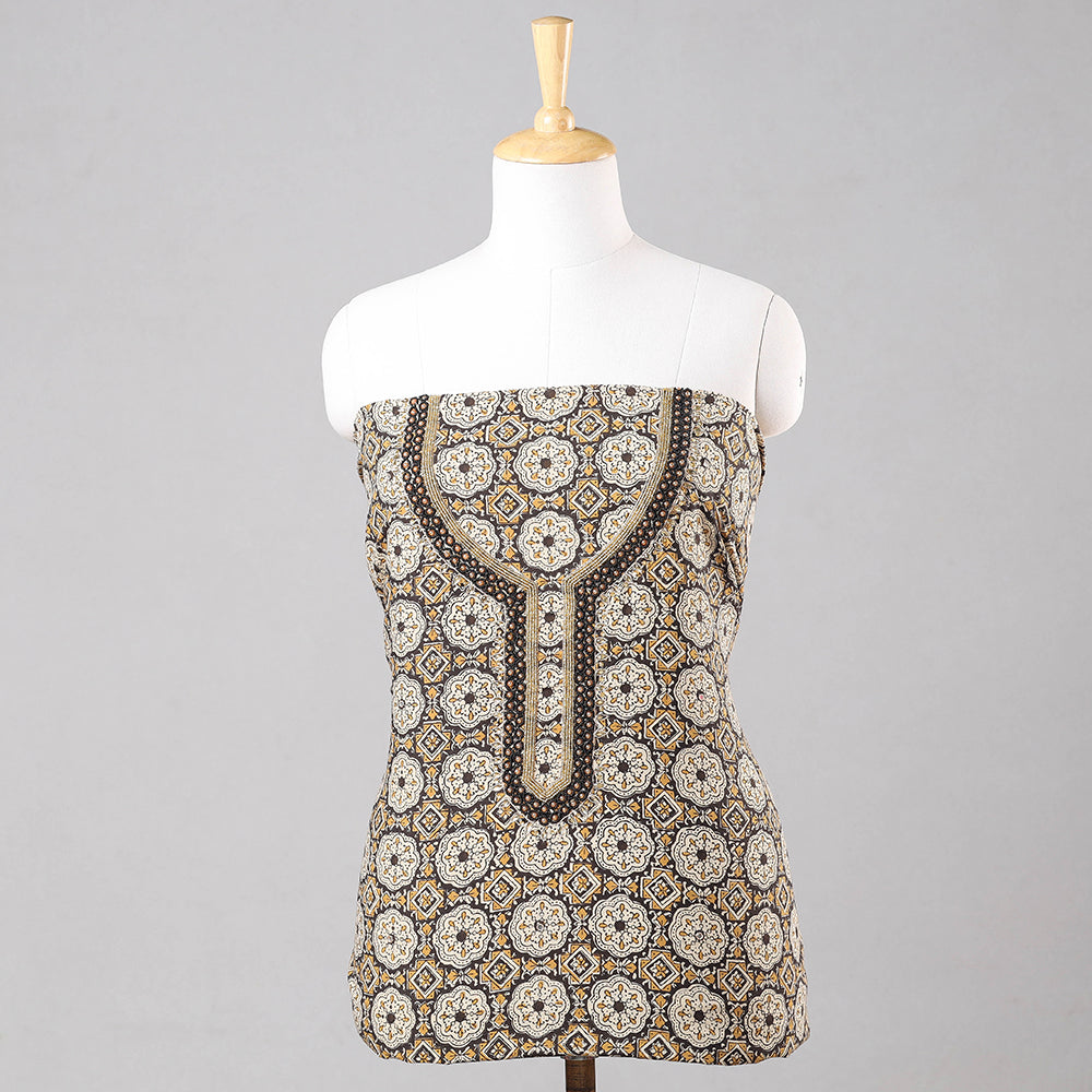 Brown - Bead Work Embroidery Ajrakh Block Printed Cotton Kurta Material - 2.5 meter