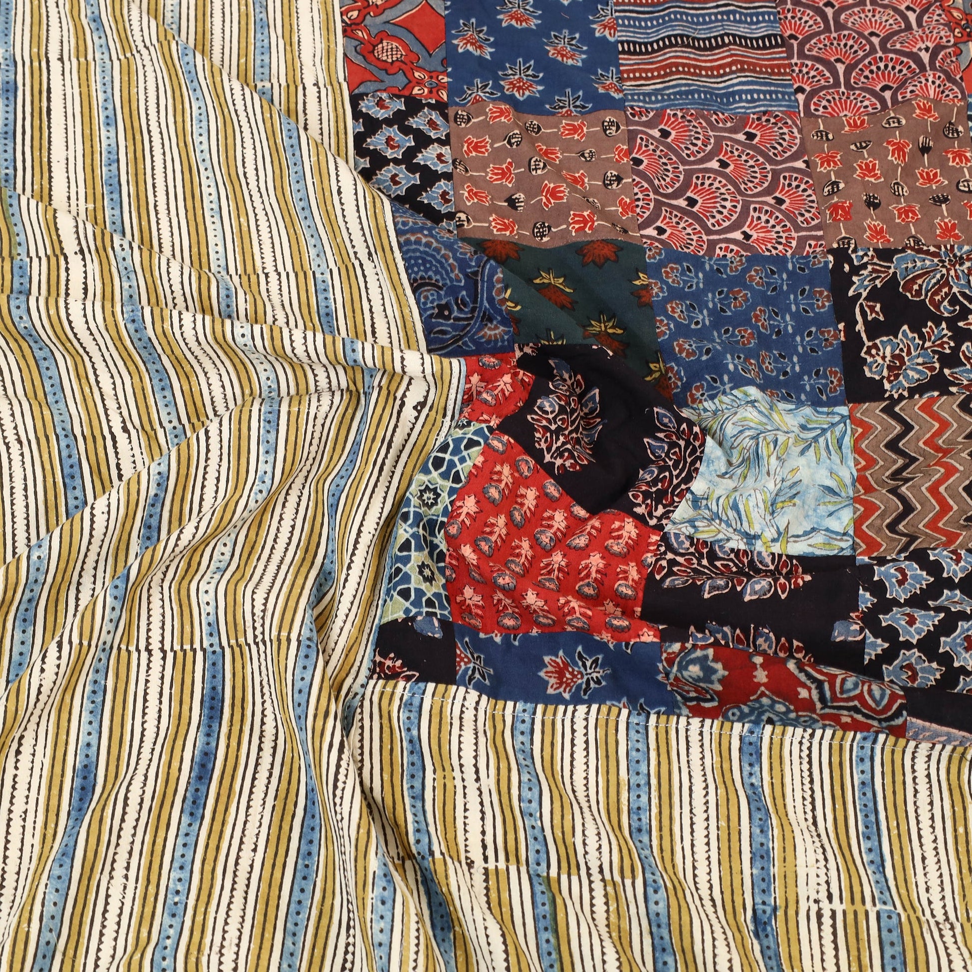 Beige - Patchwork Ajrakh Cotton Double Bed Sheet Set 15