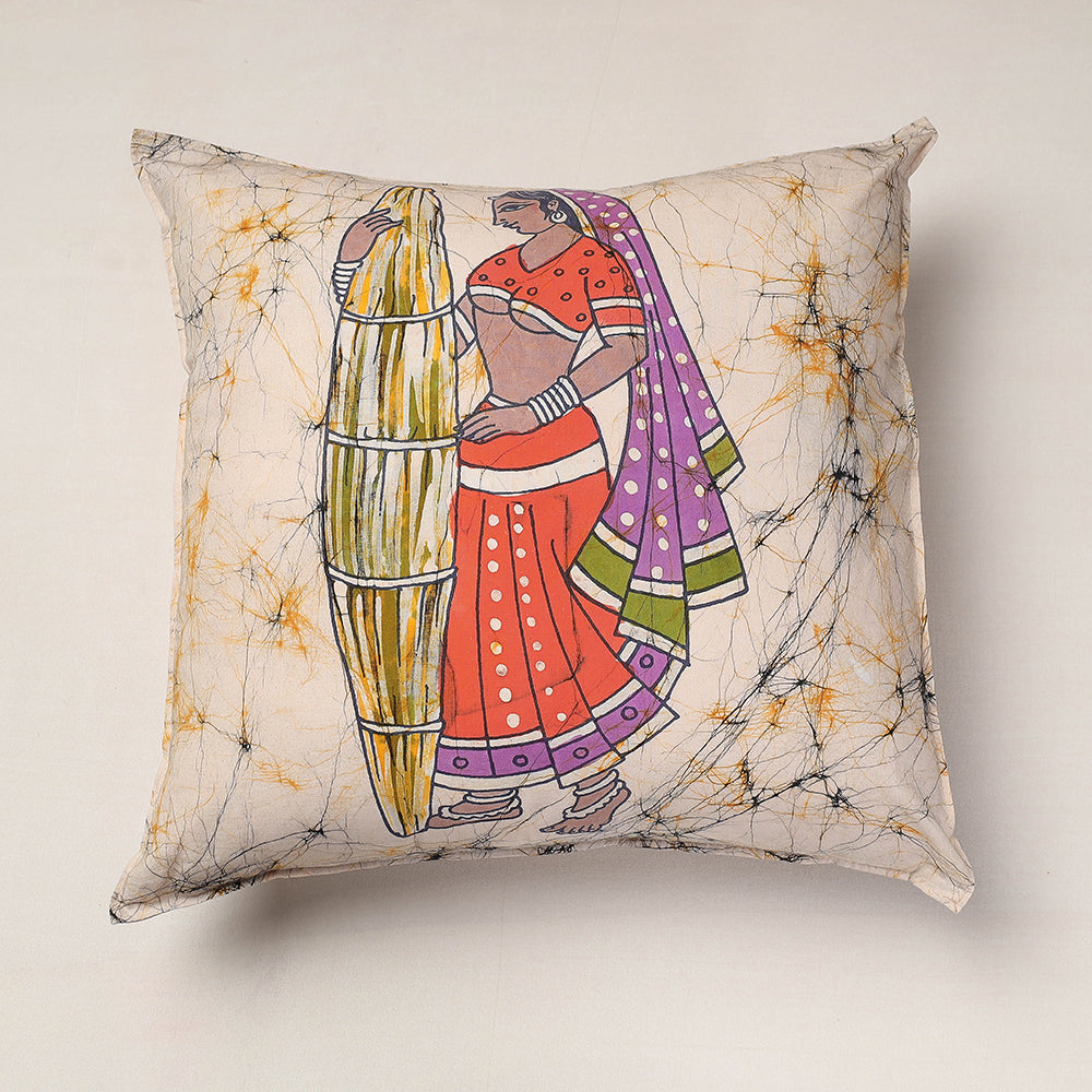 Beige - Hand Batik Printed Pure Cotton Cushion Cover (18 x 18 in)