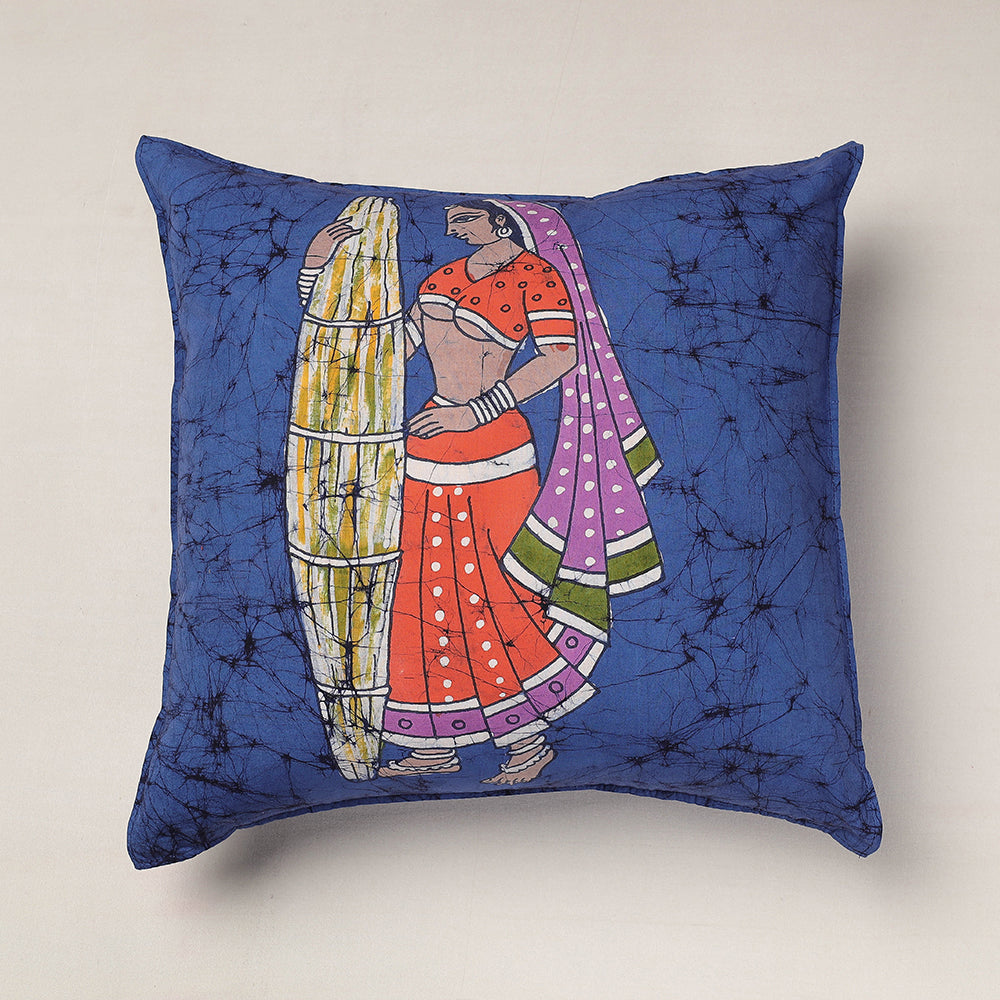 Blue - Hand Batik Printed Pure Cotton Cushion Cover (18 x 18 in)