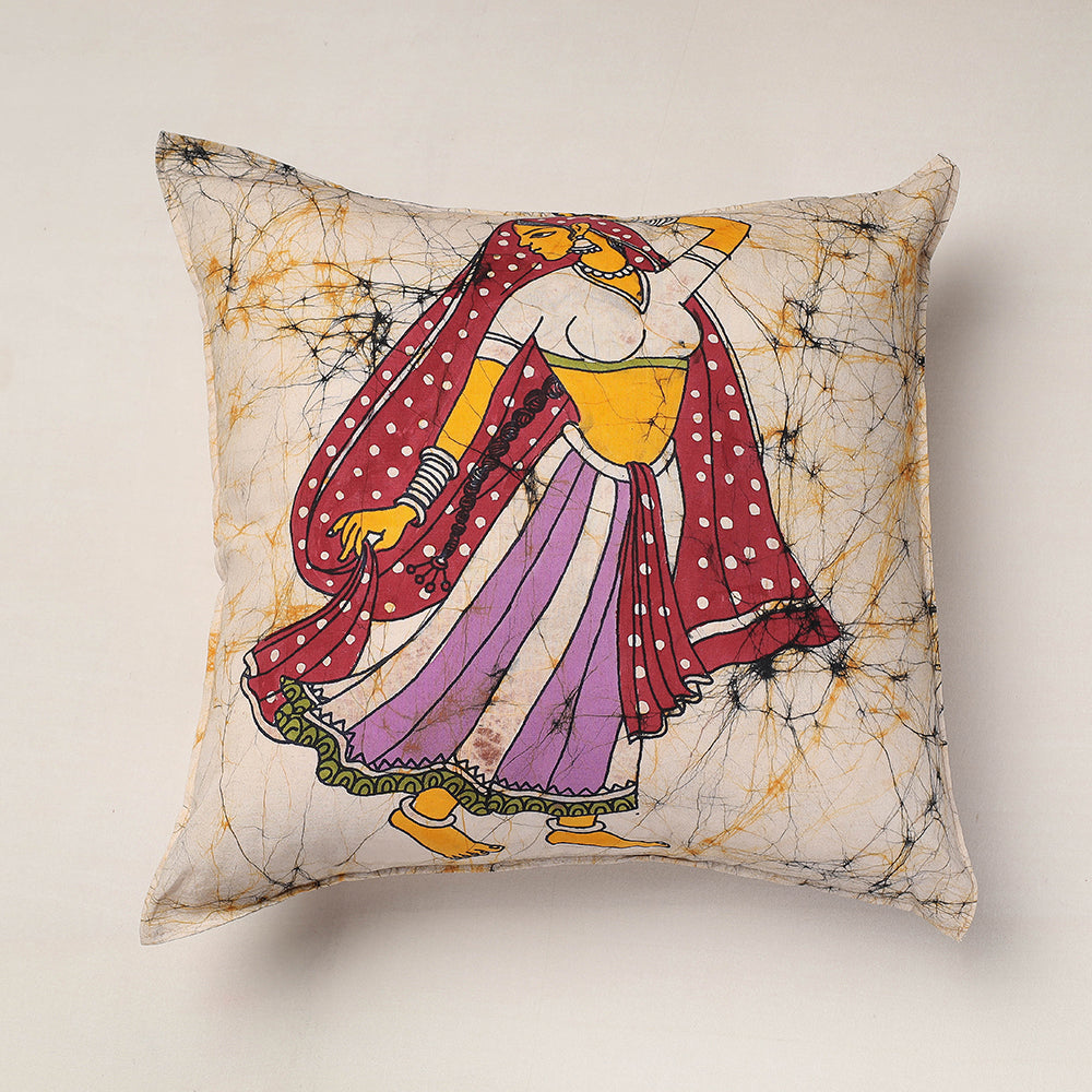 Beige - Hand Batik Printed Pure Cotton Cushion Cover (18 x 18 in)