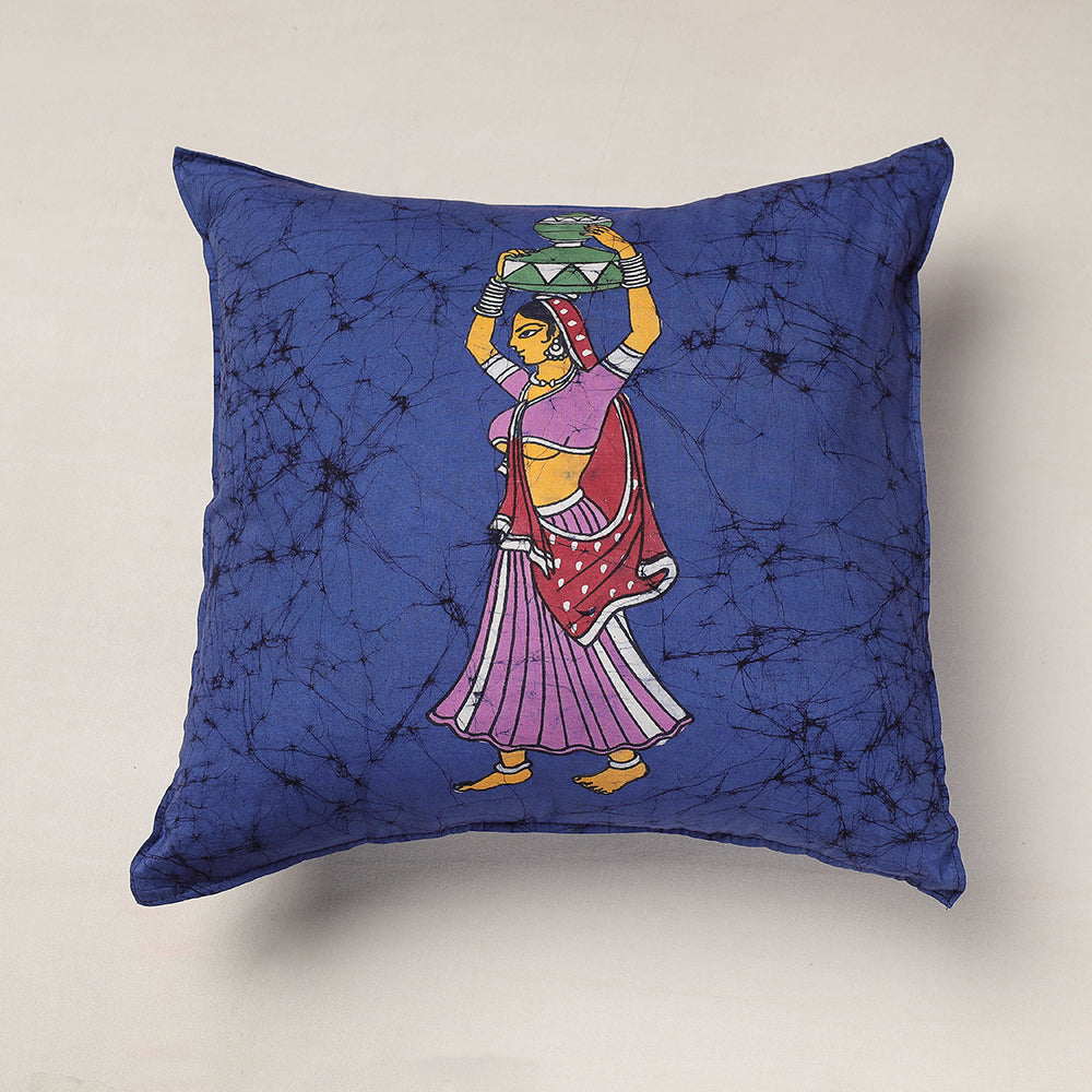 Blue - Hand Batik Printed Pure Cotton Cushion Cover (18 x 18 in)