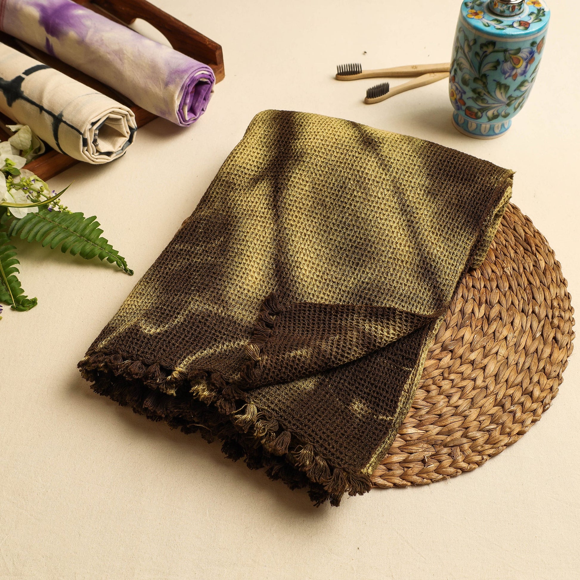 Brown - Pure Handloom Tie-Dye Cotton Towel & Napkin Set