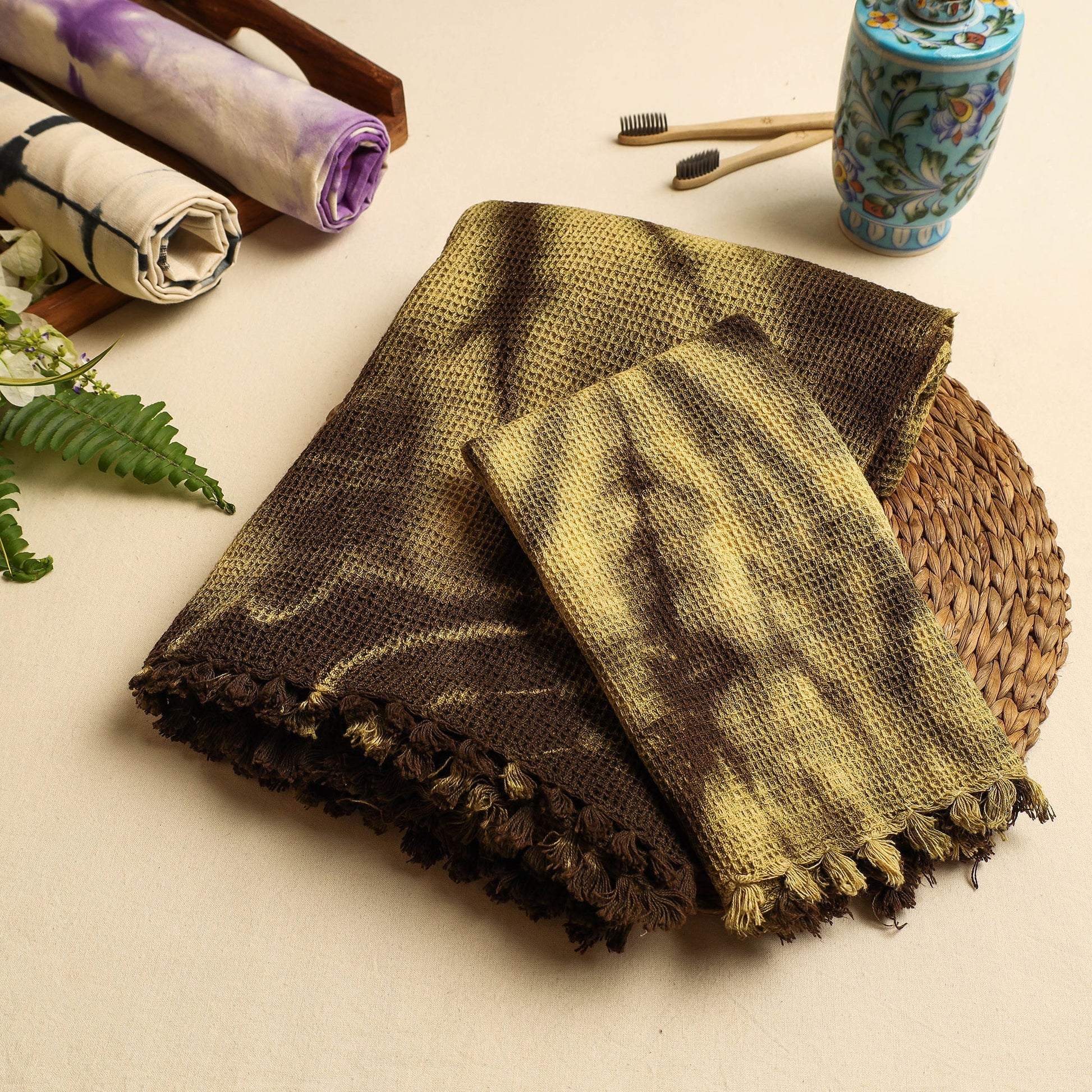 Brown - Pure Handloom Tie-Dye Cotton Towel & Napkin Set