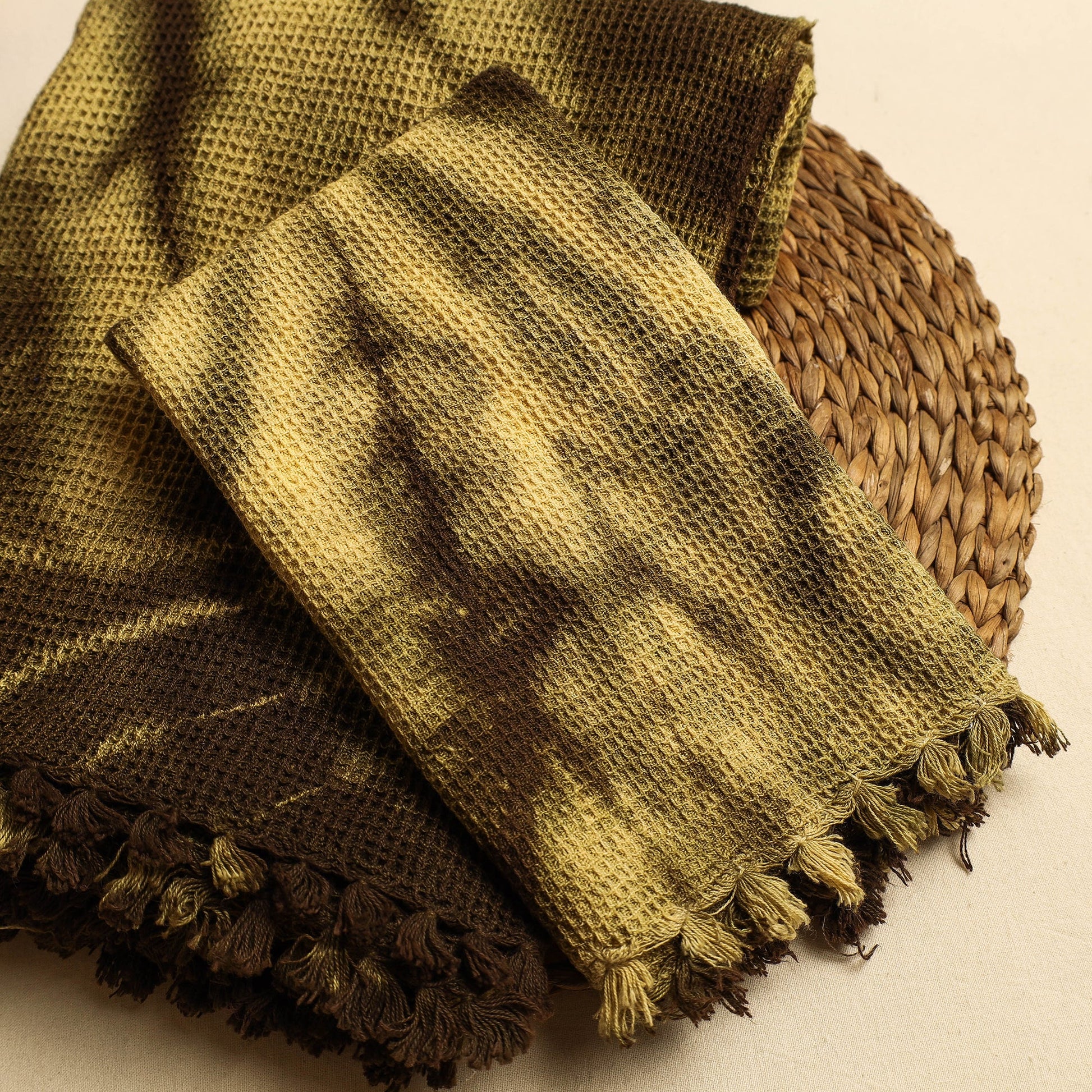 Brown - Pure Handloom Tie-Dye Cotton Towel & Napkin Set
