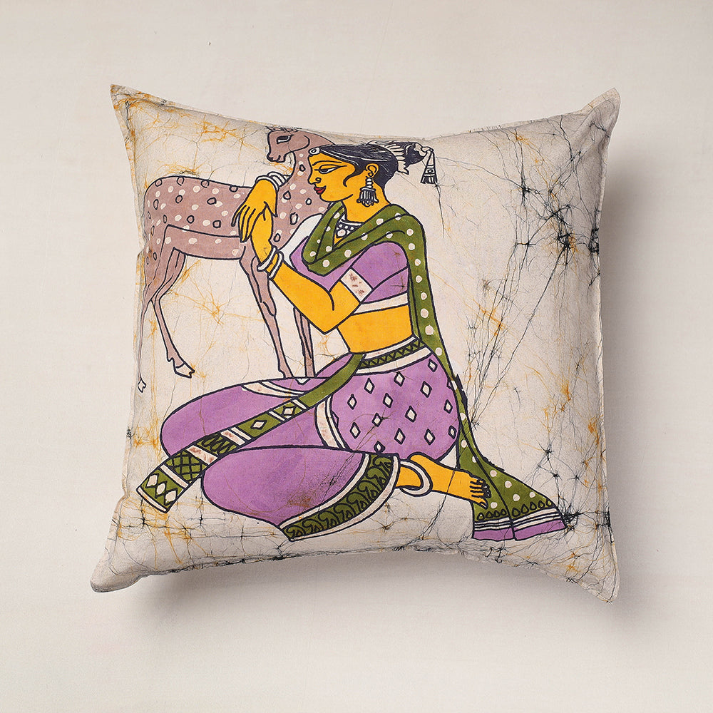 Beige - Hand Batik Printed Pure Cotton Cushion Cover (18 x 18 in)