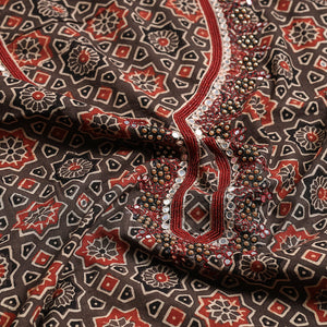 Brown - Bead Work Embroidery Ajrakh Block Printed Cotton Kurta Material - 2.5 meter