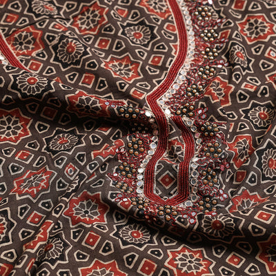 Brown - Bead Work Embroidery Ajrakh Block Printed Cotton Kurta Material - 2.5 meter