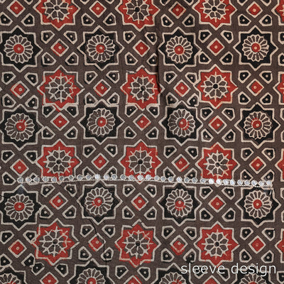 Brown - Bead Work Embroidery Ajrakh Block Printed Cotton Kurta Material - 2.5 meter