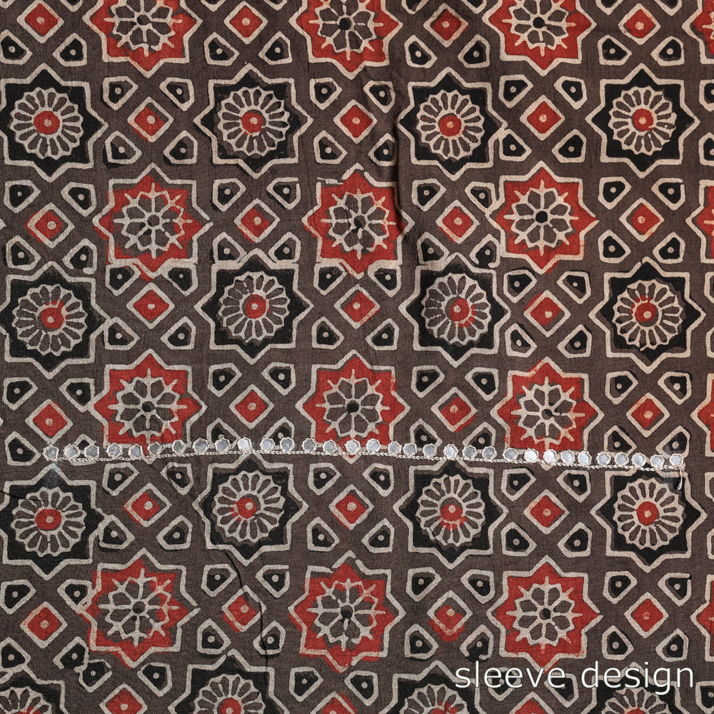 Brown - Bead Work Embroidery Ajrakh Block Printed Cotton Kurta Material - 2.5 meter
