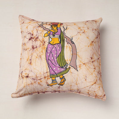 Beige - Hand Batik Printed Pure Cotton Cushion Cover (18 x 18 in)
