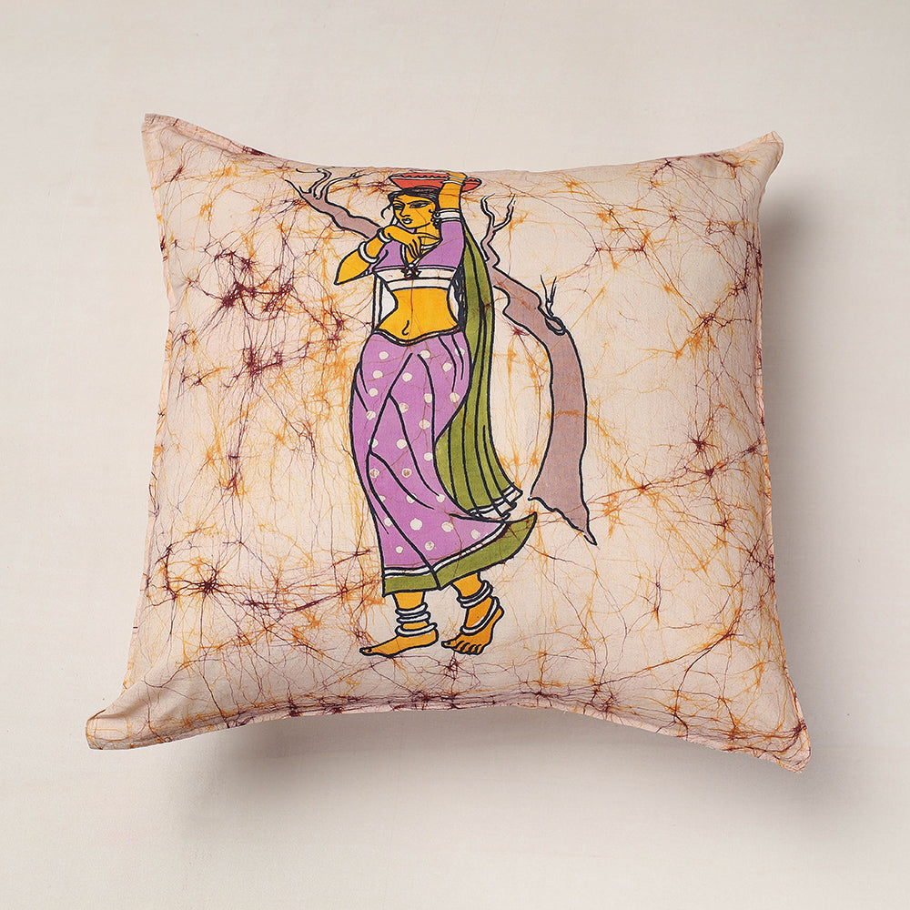 Beige - Hand Batik Printed Pure Cotton Cushion Cover (18 x 18 in)