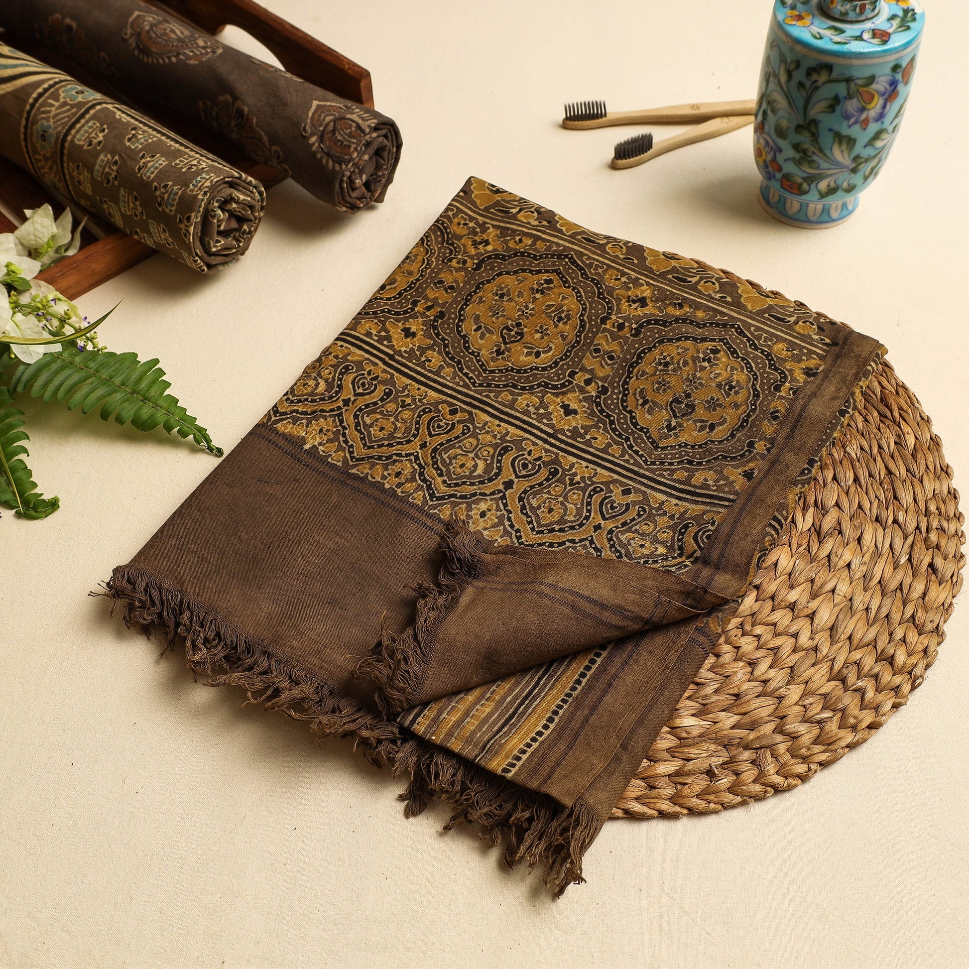 Brown - Block Print Cotton Ajrakh Handloom Towel
