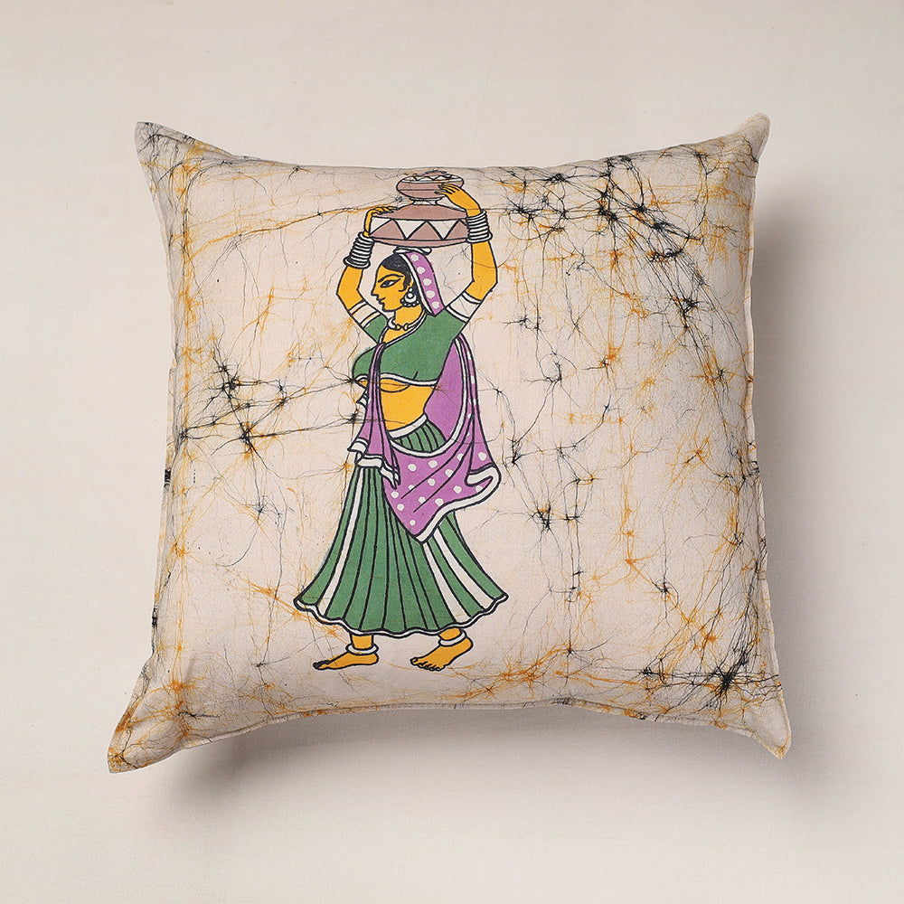 Beige - Hand Batik Printed Pure Cotton Cushion Cover (18 x 18 in)