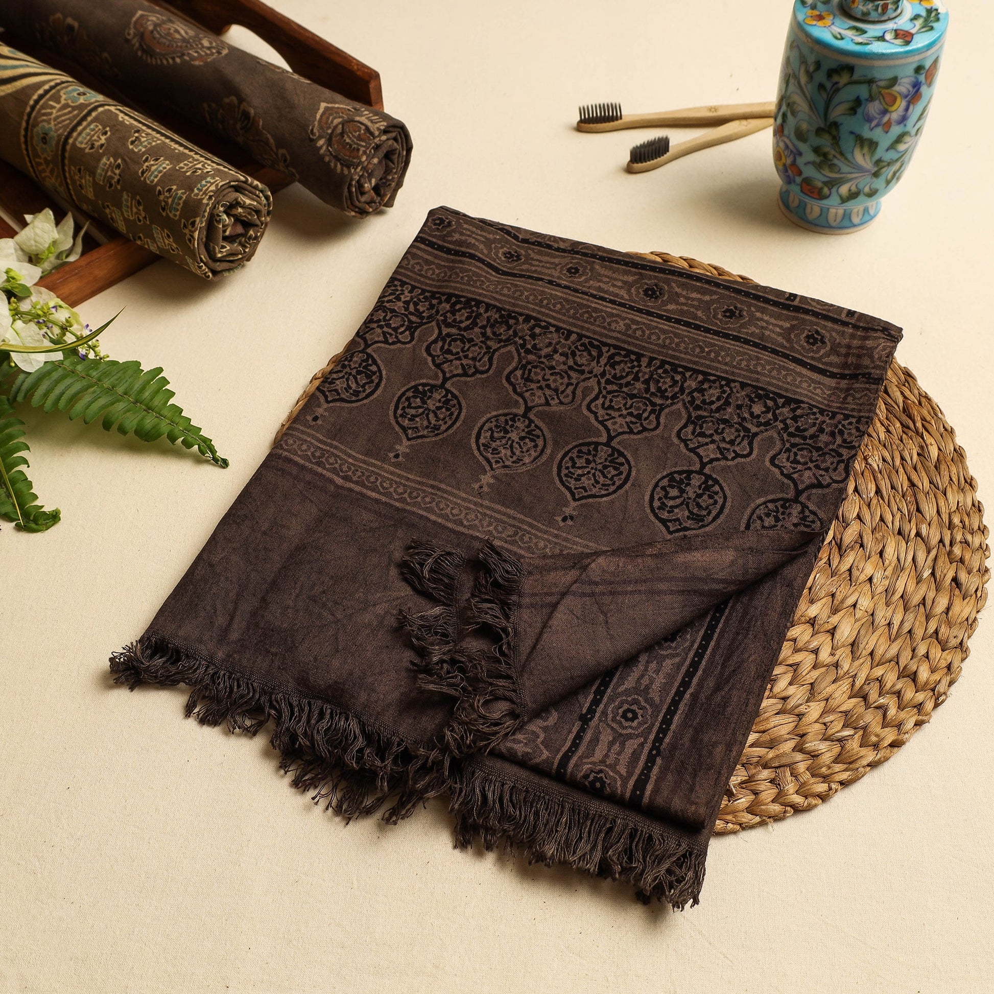 Brown - Block Print Cotton Ajrakh Handloom Towel