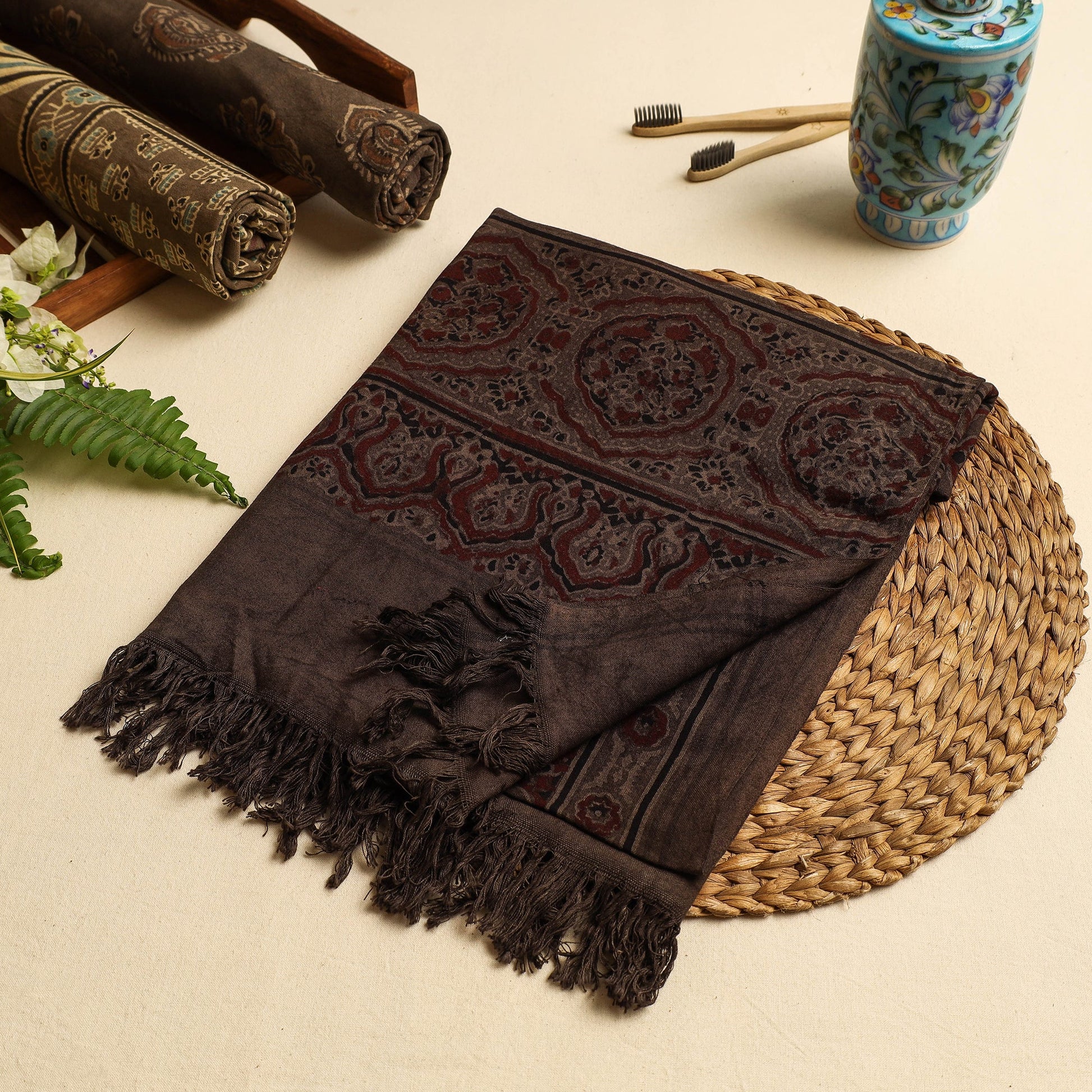 Brown - Block Print Cotton Ajrakh Handloom Towel