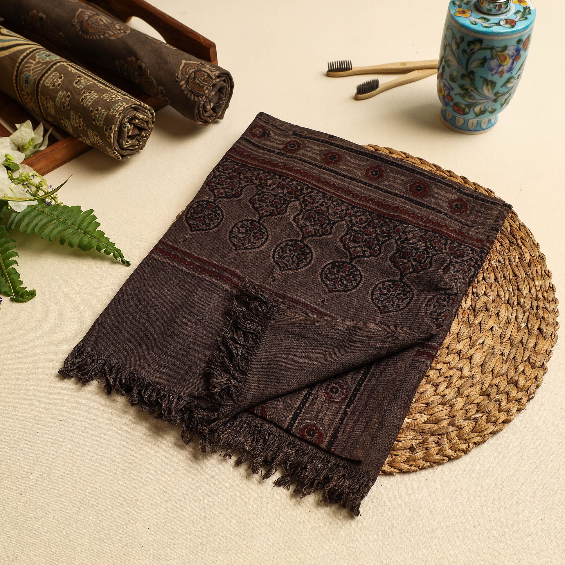 Brown - Block Print Cotton Ajrakh Handloom Towel