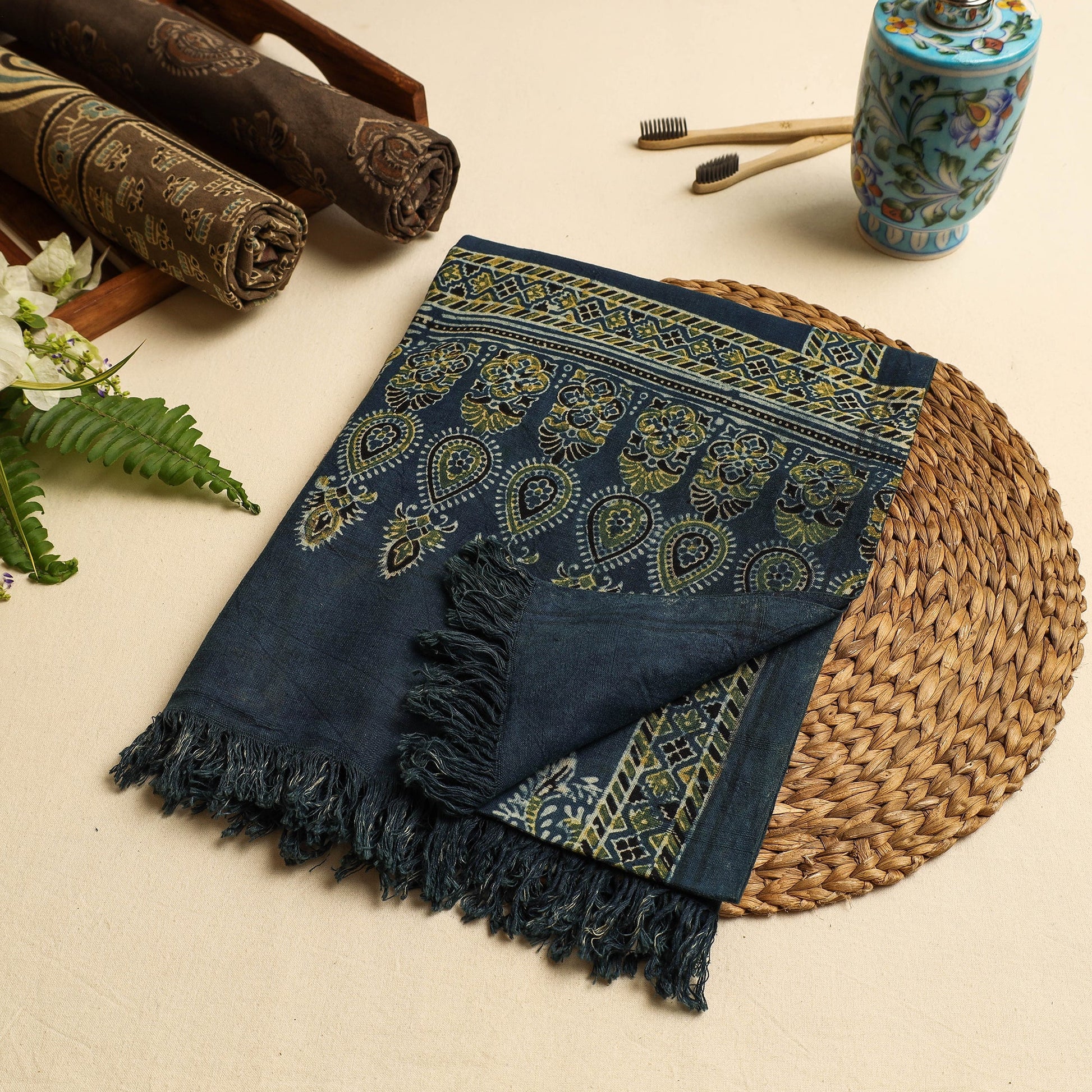 Blue - Block Print Cotton Ajrakh Handloom Towel