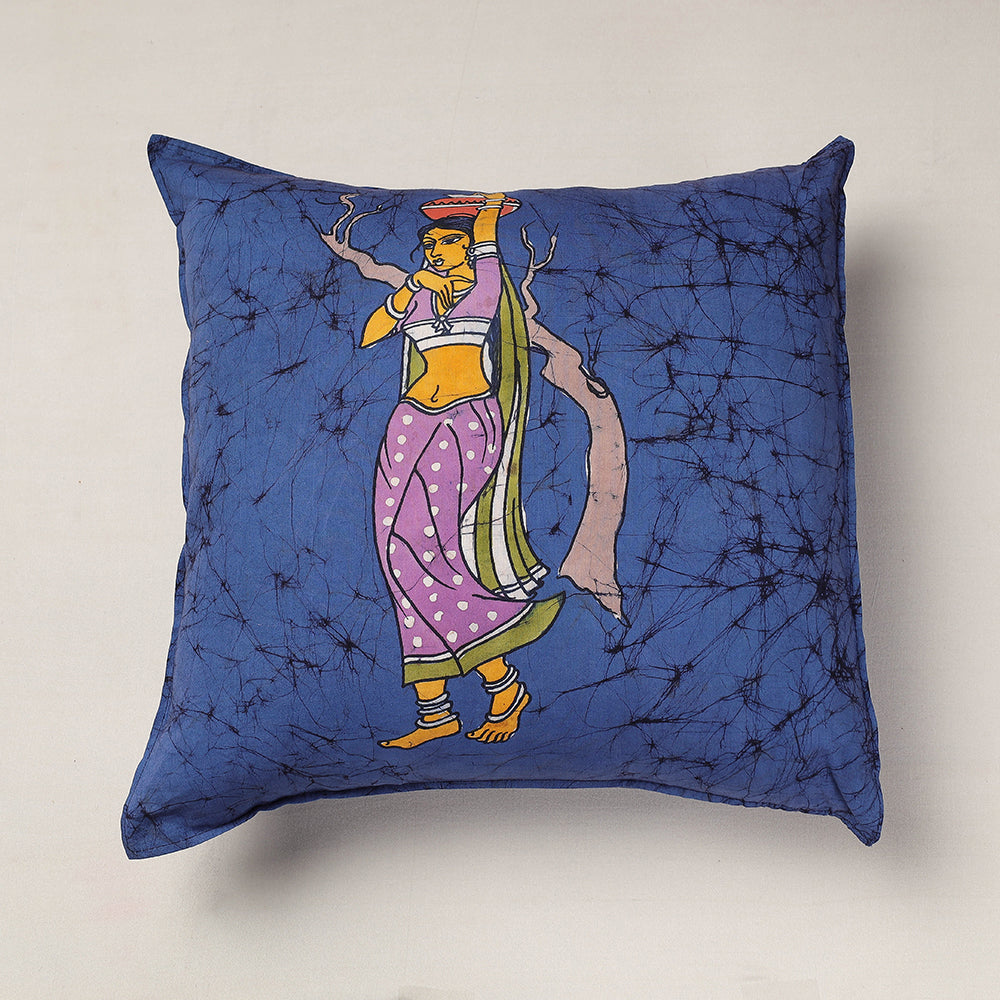 Blue - Hand Batik Printed Pure Cotton Cushion Cover (18 x 18 in)