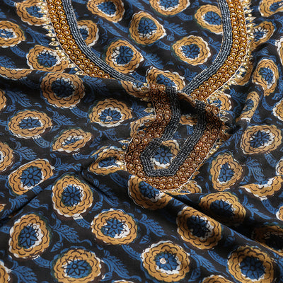 Blue -  Embroidery Bagru Block Printing Cotton Kurta Material - 2.5 meter