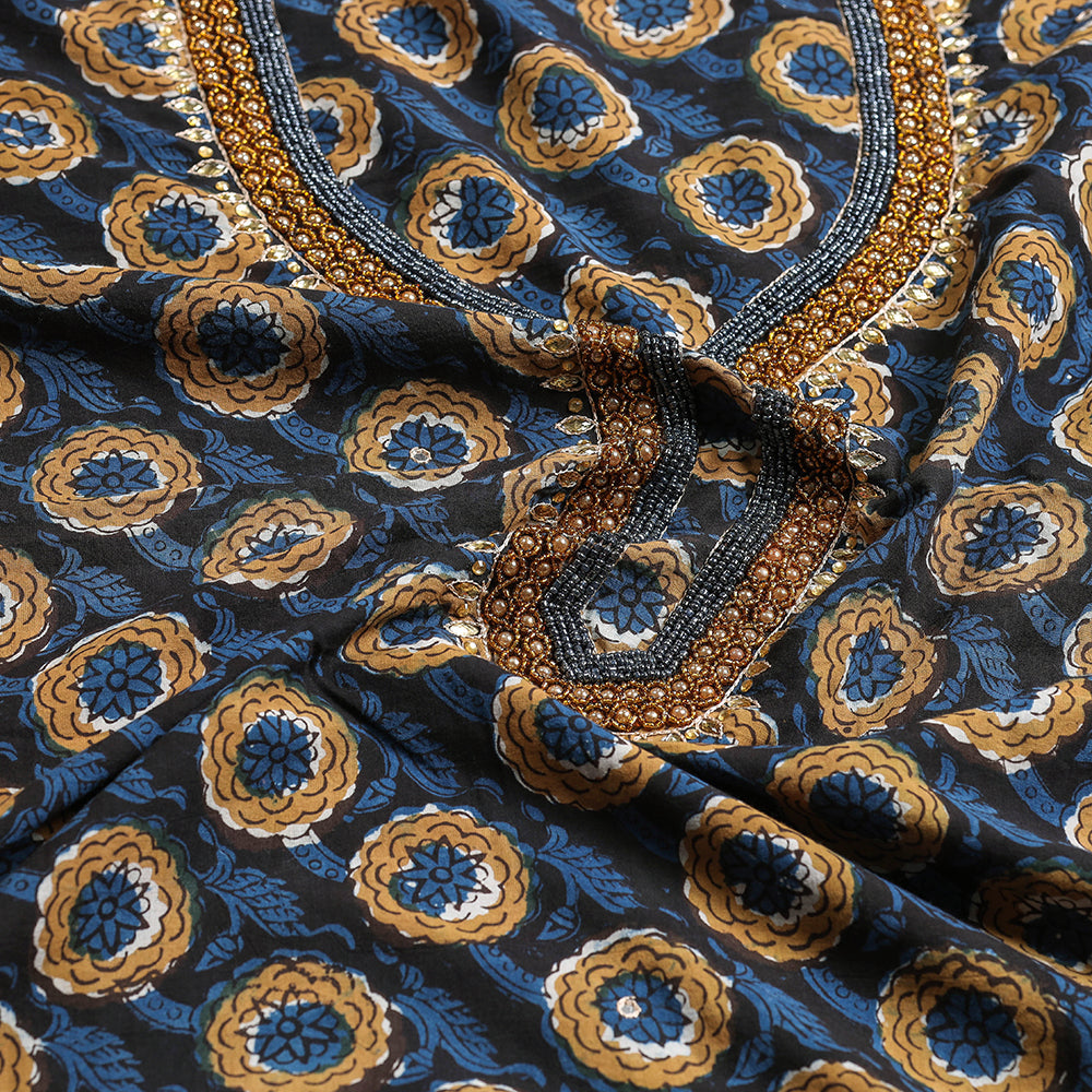 Blue -  Embroidery Bagru Block Printing Cotton Kurta Material - 2.5 meter