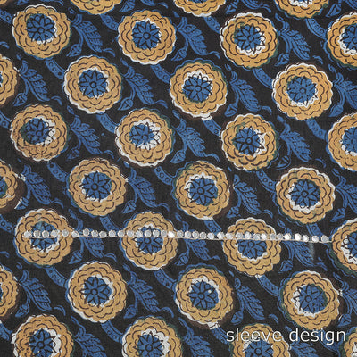 Blue -  Embroidery Bagru Block Printing Cotton Kurta Material - 2.5 meter