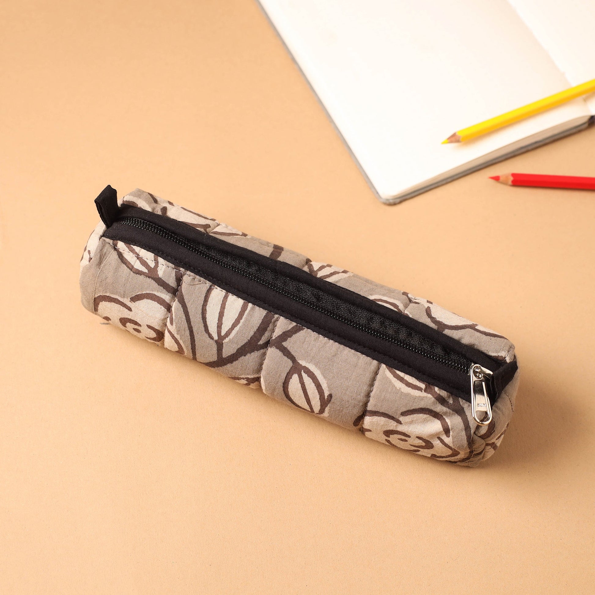 Brown - Handmade Quilted Cotton Pencil Pouch 05