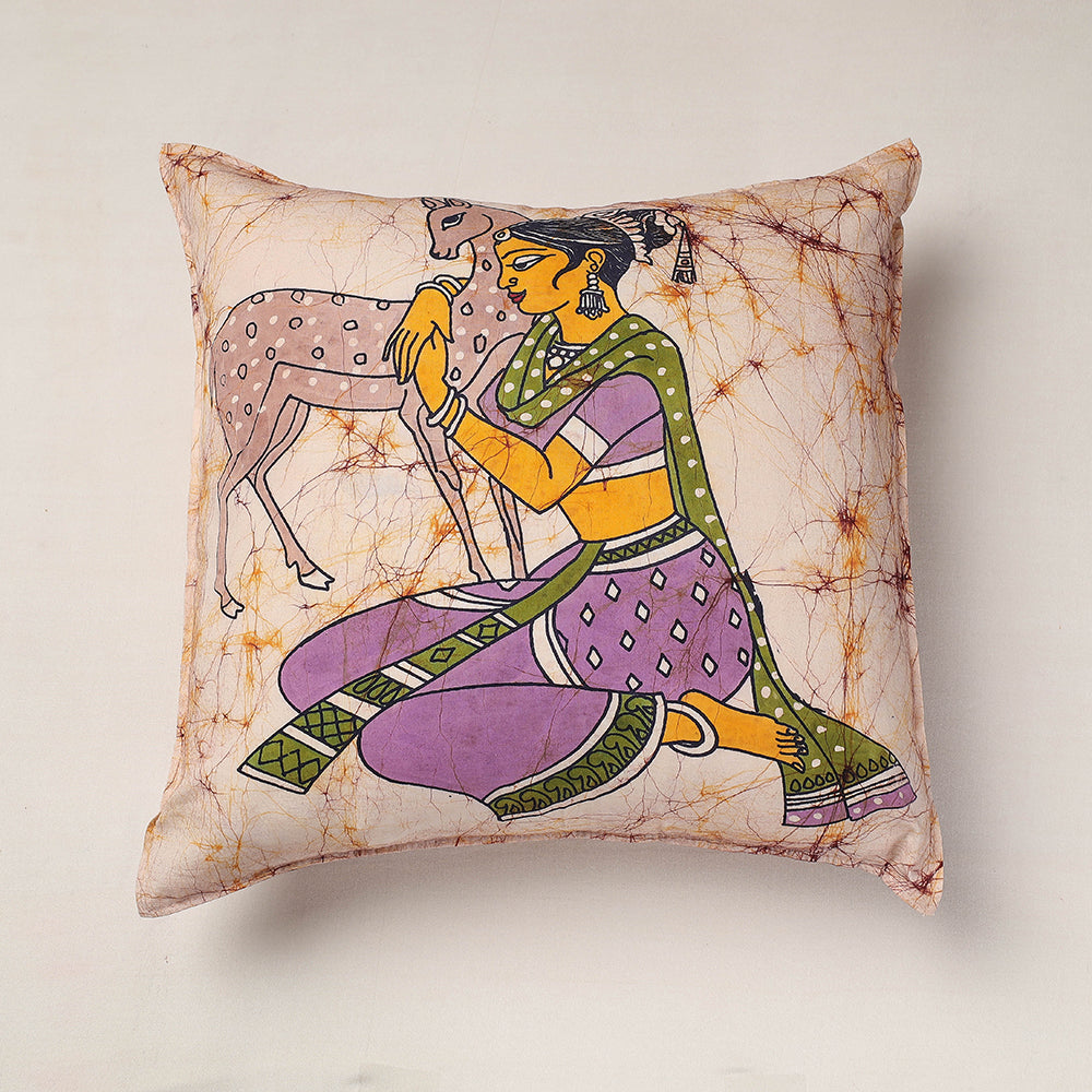 Beige - Hand Batik Printed Pure Cotton Cushion Cover (18 x 18 in)