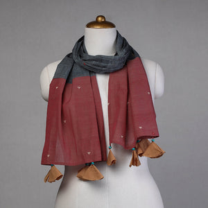 Brown - Godavari Jamdani Buti Patchwork Cotton Stole with Tassels